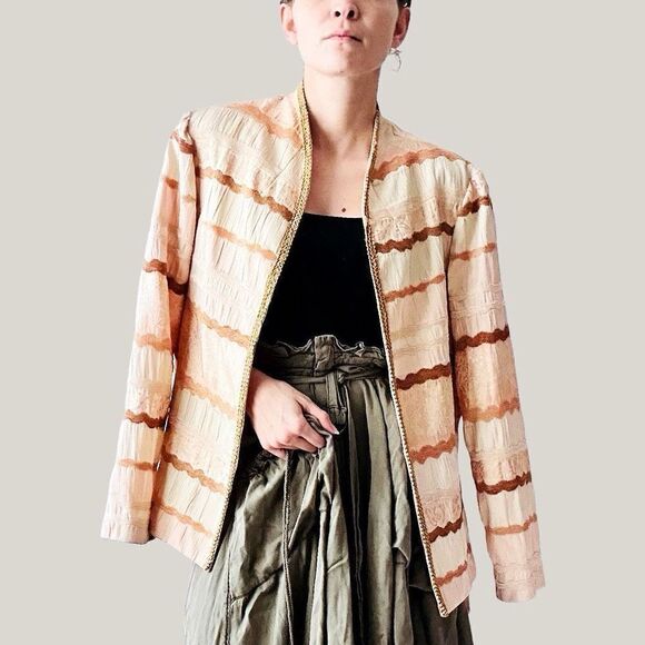Vintage R&M Richards - Cream Tan Fall Boho Bohemian Stripes Blazer - Size 12 - Picture 1 of 11